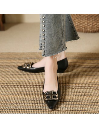 New metal buckle pointed toe patent leather low heel single shoe double B fashionable versatile shoes