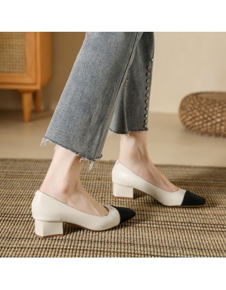 Genuine leather patchwork low-cut single-sole women's shoes, new style square-toe thick-heeled women's shoes, soft leather shoes