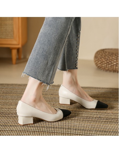 Genuine leather patchwork low-cut single-sole women's shoes, new style square-toe thick-heeled women's shoes, soft leather shoes