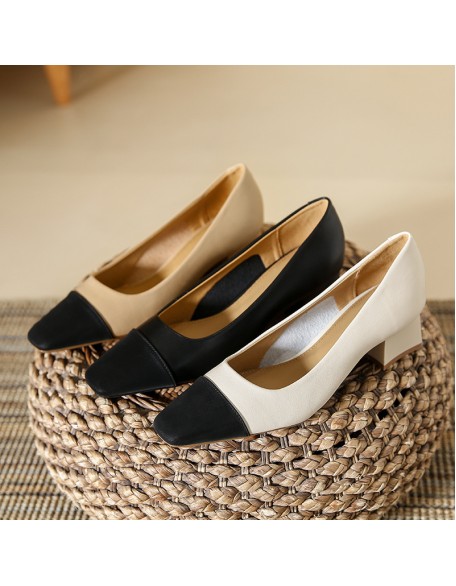 Genuine leather patchwork low-cut single-sole women's shoes, new style square-toe thick-heeled women's shoes, soft leather shoes