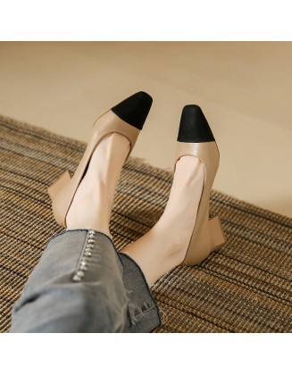 Genuine leather patchwork low-cut single-sole women's shoes, new style square-toe thick-heeled women's shoes, soft leather shoes
