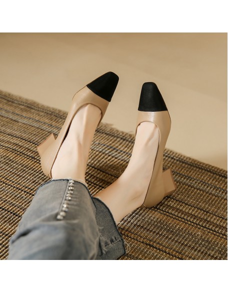 Genuine leather patchwork low-cut single-sole women's shoes, new style square-toe thick-heeled women's shoes, soft leather shoes