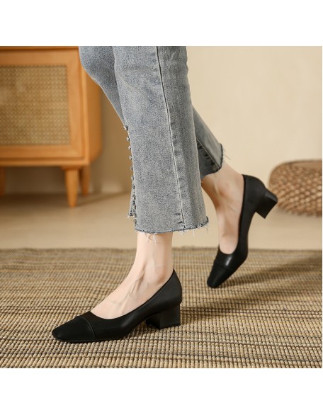 Genuine leather patchwork low-cut single-sole women's shoes, new style square-toe thick-heeled women's shoes, soft leather shoes