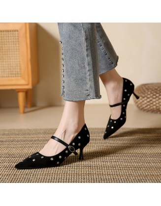 New high-heeled suede strappy fashionable single-strap shoes with studded mid-heel pointed-toe women's shoes
