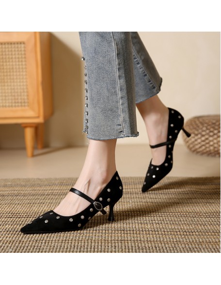 New high-heeled suede strappy fashionable single-strap shoes with studded mid-heel pointed-toe women's shoes