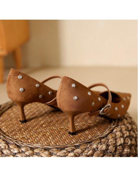 New high-heeled suede strappy fashionable single-strap shoes with studded mid-heel pointed-toe women's shoes