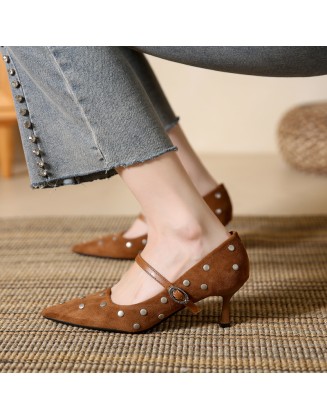New high-heeled suede strappy fashionable single-strap shoes with studded mid-heel pointed-toe women's shoes