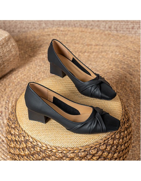 Square-toe two-tone leather low-cut women's shoes with thick heels Mary Jane high heels women's fashion