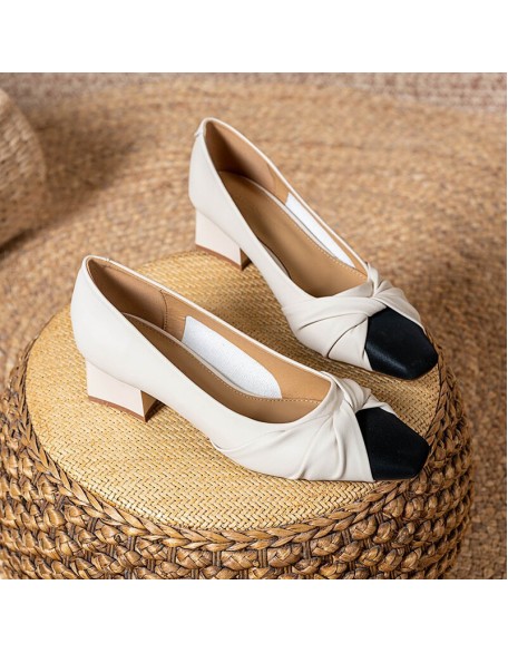 Square-toe two-tone leather low-cut women's shoes with thick heels Mary Jane high heels women's fashion
