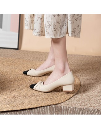 Square-toe two-tone leather low-cut women's shoes with thick heels Mary Jane high heels women's fashion