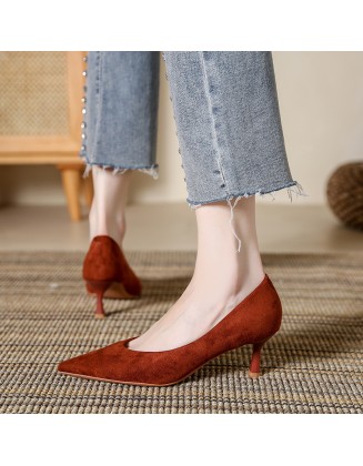 Sheepskin suede low-cut single-strap women's shoes, new style, elegant high heels, versatile nude-colored stiletto heels.