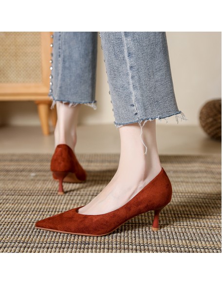 Sheepskin suede low-cut single-strap women's shoes, new style, elegant high heels, versatile nude-colored stiletto heels.