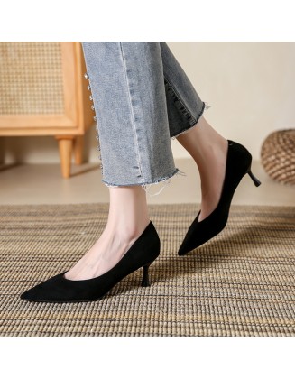 Sheepskin suede low-cut single-strap women's shoes, new style, elegant high heels, versatile nude-colored stiletto heels.