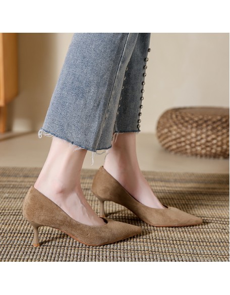 Sheepskin suede low-cut single-strap women's shoes, new style, elegant high heels, versatile nude-colored stiletto heels.