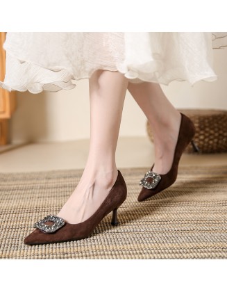 New Style Classic Square Buckle Rhinestone Women's High-Heeled Shoes Elegant Commuter Women's Single Shoes