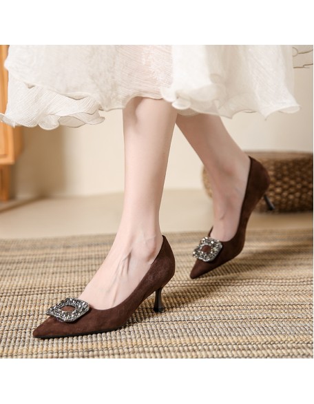 New Style Classic Square Buckle Rhinestone Women's High-Heeled Shoes Elegant Commuter Women's Single Shoes