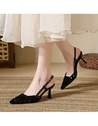 New sequined high-heeled shoes for women with thin heels, elegant pointed-toe pumps, fashionable strappy shoes for women.