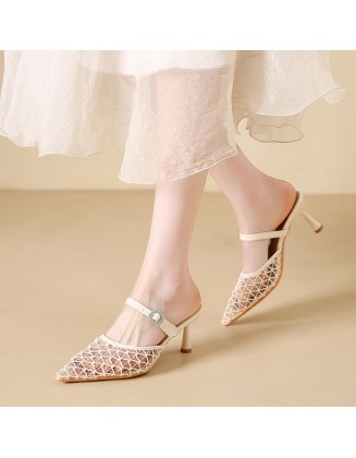 Retro mesh sandals for women, new style, half-slip-on, elegant, perfect with dresses, high-heeled sandals for women.