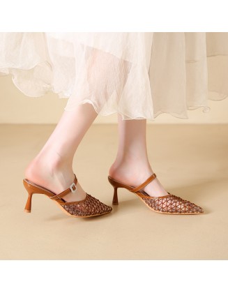 Retro mesh sandals for women, new style, half-slip-on, elegant, perfect with dresses, high-heeled sandals for women.