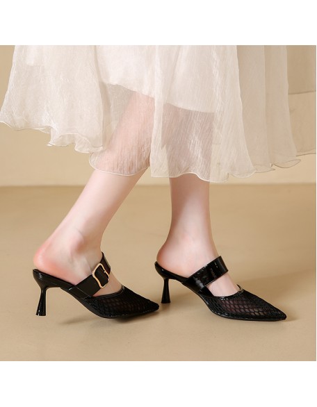 Women's new style woven openwork high-heeled sandals French elegant pointed toe half-slip-on shoes