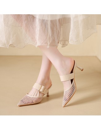 Women's new style woven openwork high-heeled sandals French elegant pointed toe half-slip-on shoes