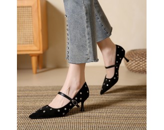 New high-heeled suede strappy fashionable single-strap shoes with studded mid-heel pointed-toe women's shoes
