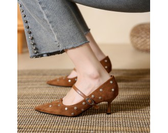 New high-heeled suede strappy fashionable single-strap shoes with studded mid-heel pointed-toe women's shoes