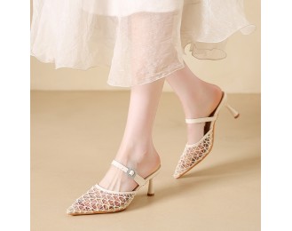Retro mesh sandals for women, new style, half-slip-on, elegant, perfect with dresses, high-heeled sandals for women.