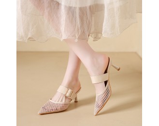 Women's new style woven openwork high-heeled sandals French elegant pointed toe half-slip-on shoes